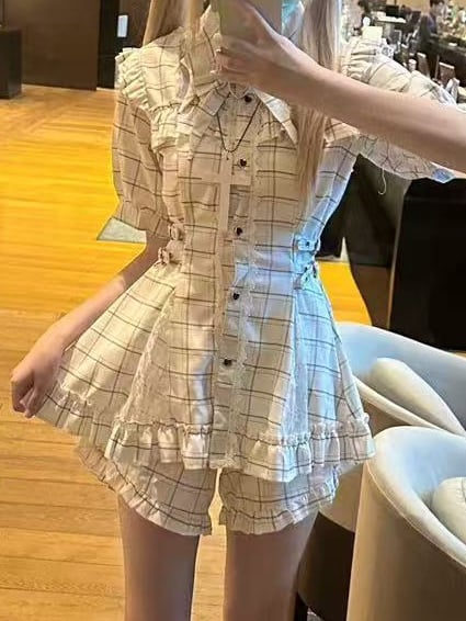 White Plaid Illusion Set: Jirai Kei Dress & Shorts with Lace Panels and Buckle Strap Waist