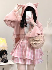 Jirai Kei Short Kitty-Ear Cape with Lace Trim Detail | Black / Pink / Blue