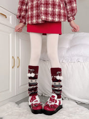 Wine Red Leaf Pattern Knitted Leg Warmers with Pom-pom Decorations