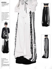 White/Black/Blue Wide-Leg Pants with Lace Trim and Bow Embroidery