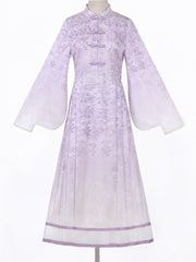 Wisteria Floral Print Purple Han Lolita Dress + Beige Apron with Tassel Beaded Charm