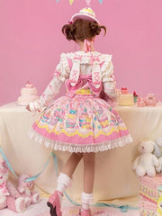 Yellow & Pink Sweet Bunny and Cupcake Print Lolita Overall Dress