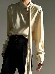 Yellow Ouji Lolita Shirt - Mock Neck Design with Flowing Ribbon Accents