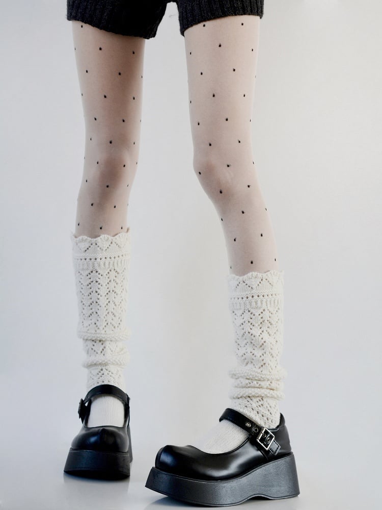 White/Brown/Gray Cut-Out Design Knitted Calf Socks