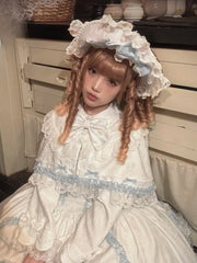White Lace-Trimmed Sweet Lolita Bonnet with Blue Bowknots