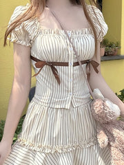 Bowknot Details Brown Striped Puff Sleeves Top