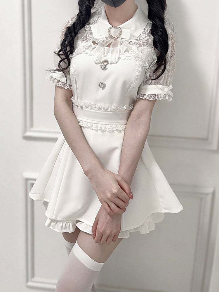 White Jirai Kei Set -Shirt Collar Sweetheart Rhinestone Decoration Lace Shawl Top + Shorts + Bowtie