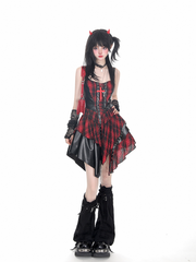 Red Punk Rock Cami Dress with Patchwork, Lace-up Design & Plaid Pattern