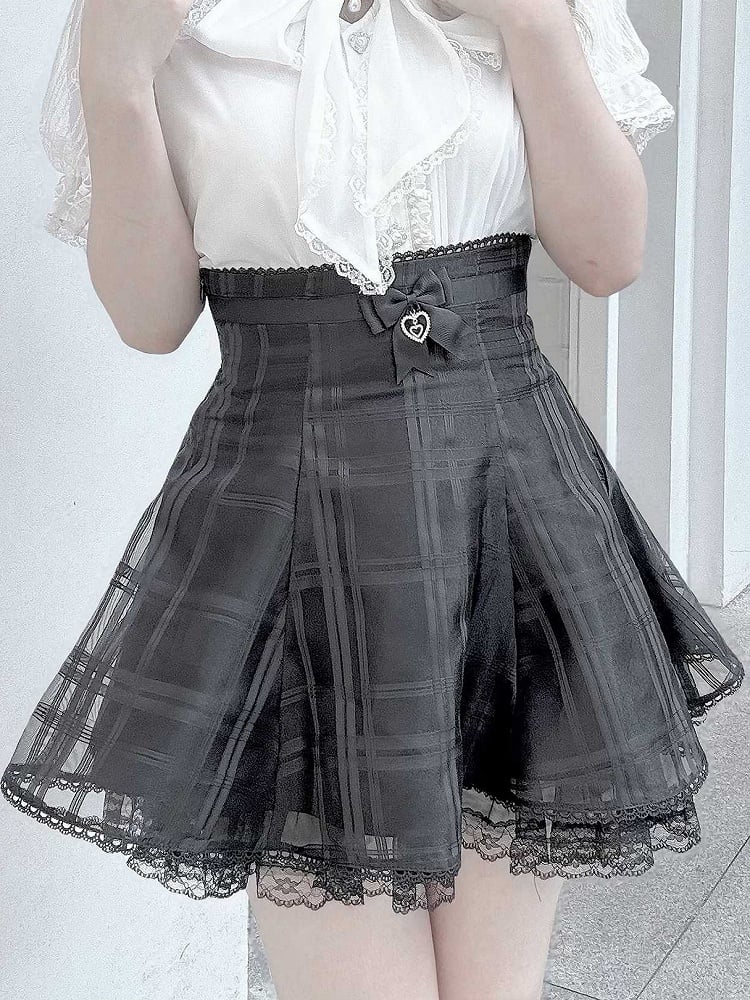 Jirai Kei Black Plaid Skirt with Organza Overlay and Lace-up Back