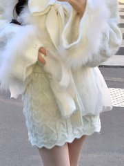 Vintage Luxe Frayed-Trim Wool Knit Top & Cable-Knit Skirt Set