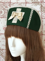 Green Nurse Lolita Hat with Lace Trim and Bow Accent
