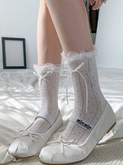 White/Gray Polka-dot Pattern Bowknot Details Lace Trim Calf Socks