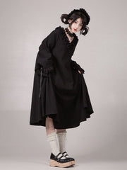 Black Ruffled V-neck Wa Lolita Long Sleeves Dress Long Version