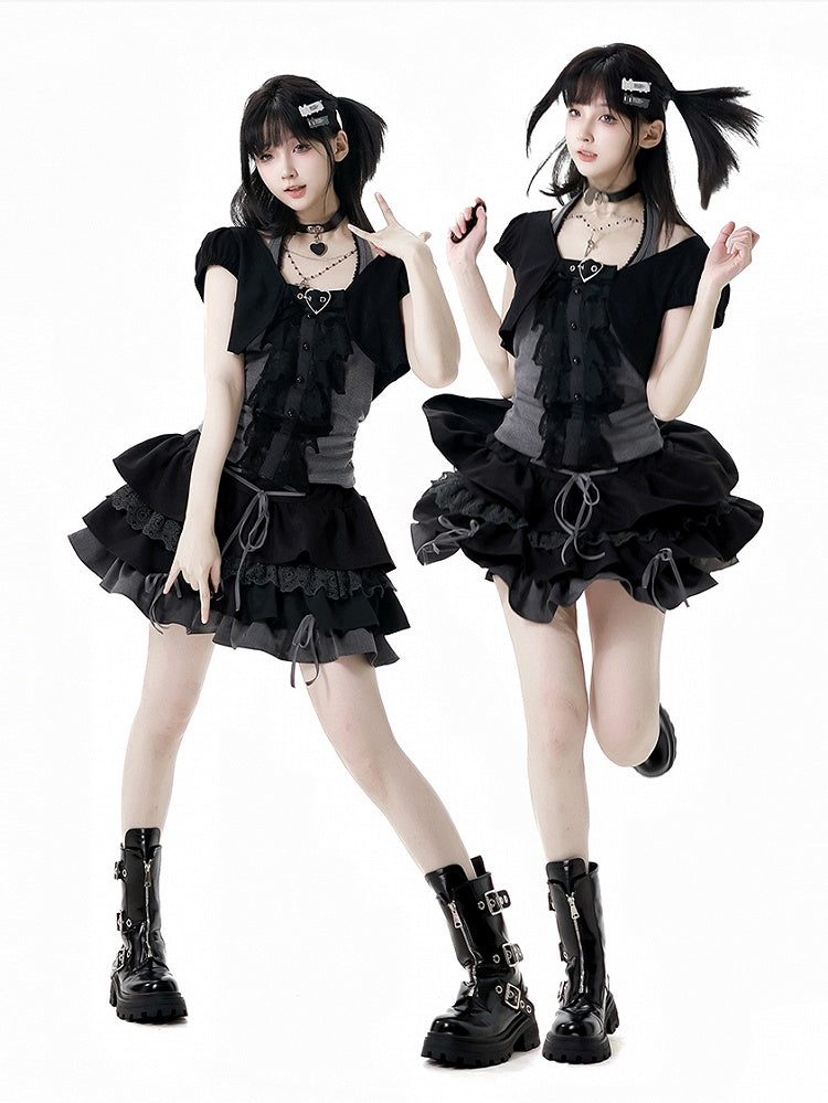 Y2K Black and Gray Three Pieces Set - Short Sleeves Cropped Top+Halter Neck Top+Tiered Skirt