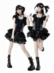 Y2K Black and Gray Three Pieces Set - Short Sleeves Cropped Top+Halter Neck Top+Tiered Skirt