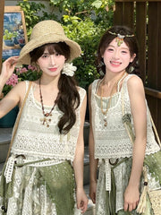 Floral Accent Hollow-Out Lace Beige Vest