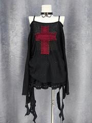 Off-the-Shoulder Neckline Coverup Black/White with Red Cross Applique