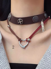 Y2K Brown PU Choker with Cross Chain Decorated
