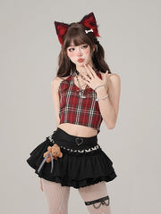 Red Plaid Halter Neck Crop Tank Top - Adorable & Slimming
