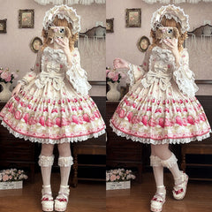 Strawberry Print Beige Bell Sleeves Lolita Dress with Lace Trim and Bow Accents