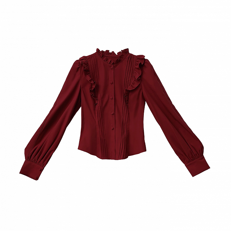 Wine Red Long Sleeves Blouse with Pleating Details & Ruffle Neckline