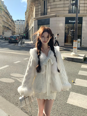 Vintage Luxe Frayed-Trim Wool Knit Top & Cable-Knit Skirt Set