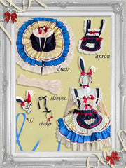 Dark Blue and Red Snow White Sweet Maid Apron + Basque Waist Strapless Tiered Ruffle Puffy Dress