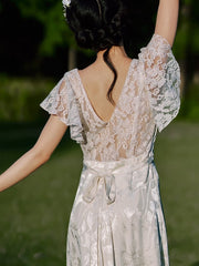 Vintage White Jacquard Lace Sleeves Summer Dress