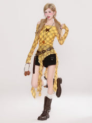 Yellow Plaid Off-Shoulder Long Sleeve Top with Star Accent and Cascading Ruffle Trim