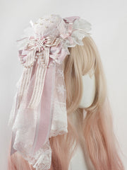 Pink Big Bow Lace Trim Snowflake Beaded Chain Mini Hat+Snowflake Pattern Lace Veil