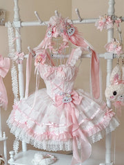 Pink Corset Waist Rabbit-Themed Polka Dots Dress Sweet Lolita JSK / Full Set