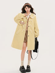 Yellow Long Coat with Peter Pan Collar and Plush Trim