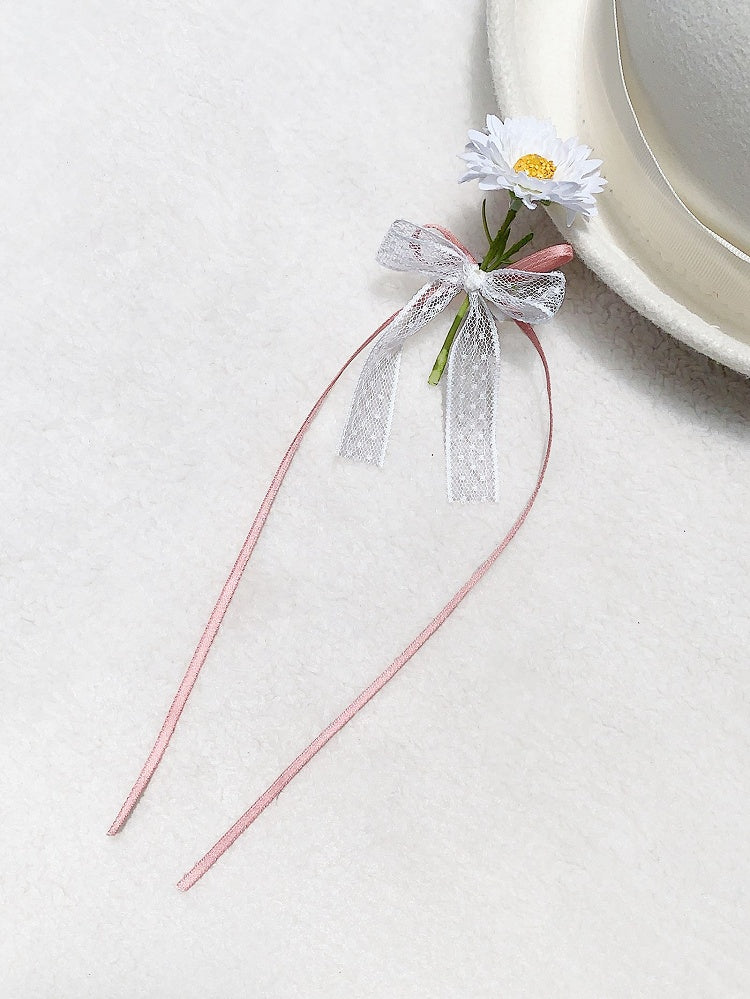 White and Pink Bowknots Flower Brooch
