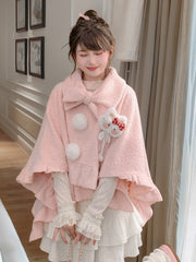 Pink Bow Collar Cape with Pompons and Cat Plushie