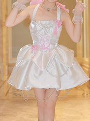 White Marie Cat Lolita Dress with Pearl Halter & Pink Bow – Kawaii Elegant Birthday Party Dress