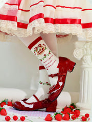 Red&White Lolita Strawberry and Flower Basket Pattern Cotton Socks