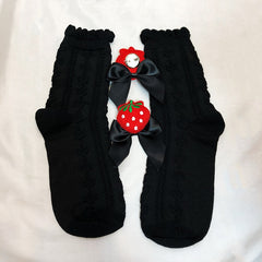 White/Creamy Yellow/Black Detachable Strawberry Bowknot Decorated Ruffled Cotton Socks