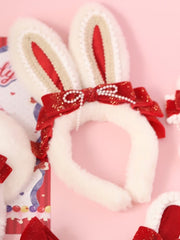 Sweet Lolita Plush Bunny Ear Pearl Glitter Red Bowknot KC
