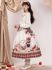 White Apple and Plaid Print Front Button Placket Autumn One Piece