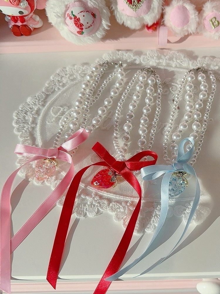 Strawberry Pendant Pink/Blue/Red Bowknot Beaded Necklace