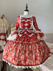 Strawberry Print Red Bell Sleeves Lolita Dress with Lace Trim and Bow Accents