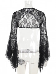 Halloween Gothic Black Batwing Bell Sleeve Lace Shrug with Gem Centerpiece & Floral Embroidery