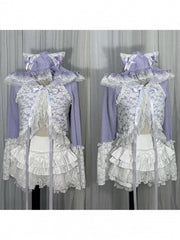 Purple Knit Crop Cardigan with Cat Ear Hood & Lace Trim