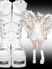 White Crisscross Design Buckle Strap Platform Block Heel Boots