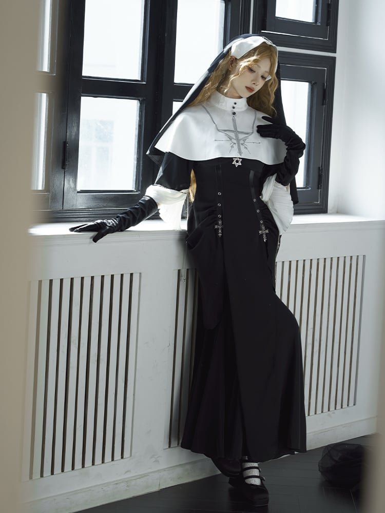 White Nun Lolita Mandarin Collar with Black Cross Print