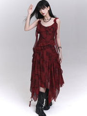 Red Cascading Ruffles Handkerchief Hem Sleeveless Dress