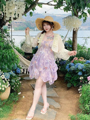 Plus Size Purple Bowknots Details Chiffon Floral Cami Dress Three Ways Wear