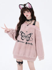 Sweet Butterfly Design Pink Asymmetrical Neckline Cozy Sweatshirt PU Shoulder Strap