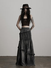 Urban Goth Dark Grey Tie-Dye Ruched Ruffle Mermaid Skirt