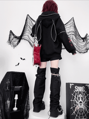 Y2K Black Bunny Ears Hoodie Graphic Print Zip-Up with Zipper Sleeves